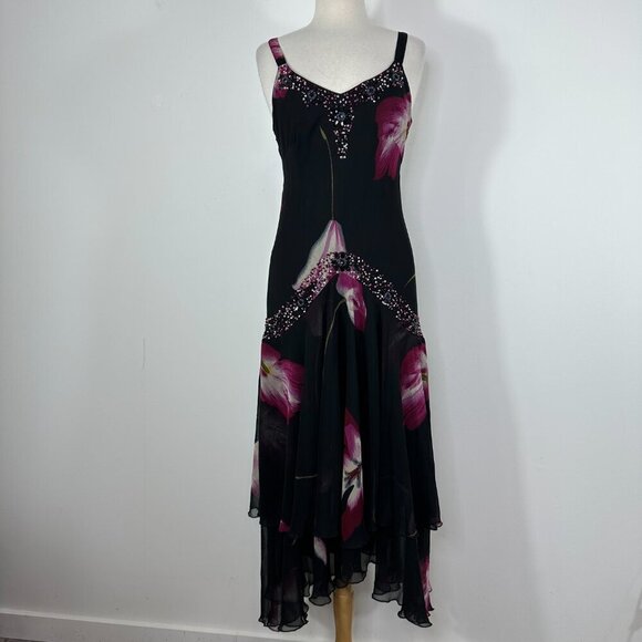 Midnight Velvet Black Asymmetrical Beaded Fairycore Whimsigoth Midi Dress Sz M - Picture 1 of 16